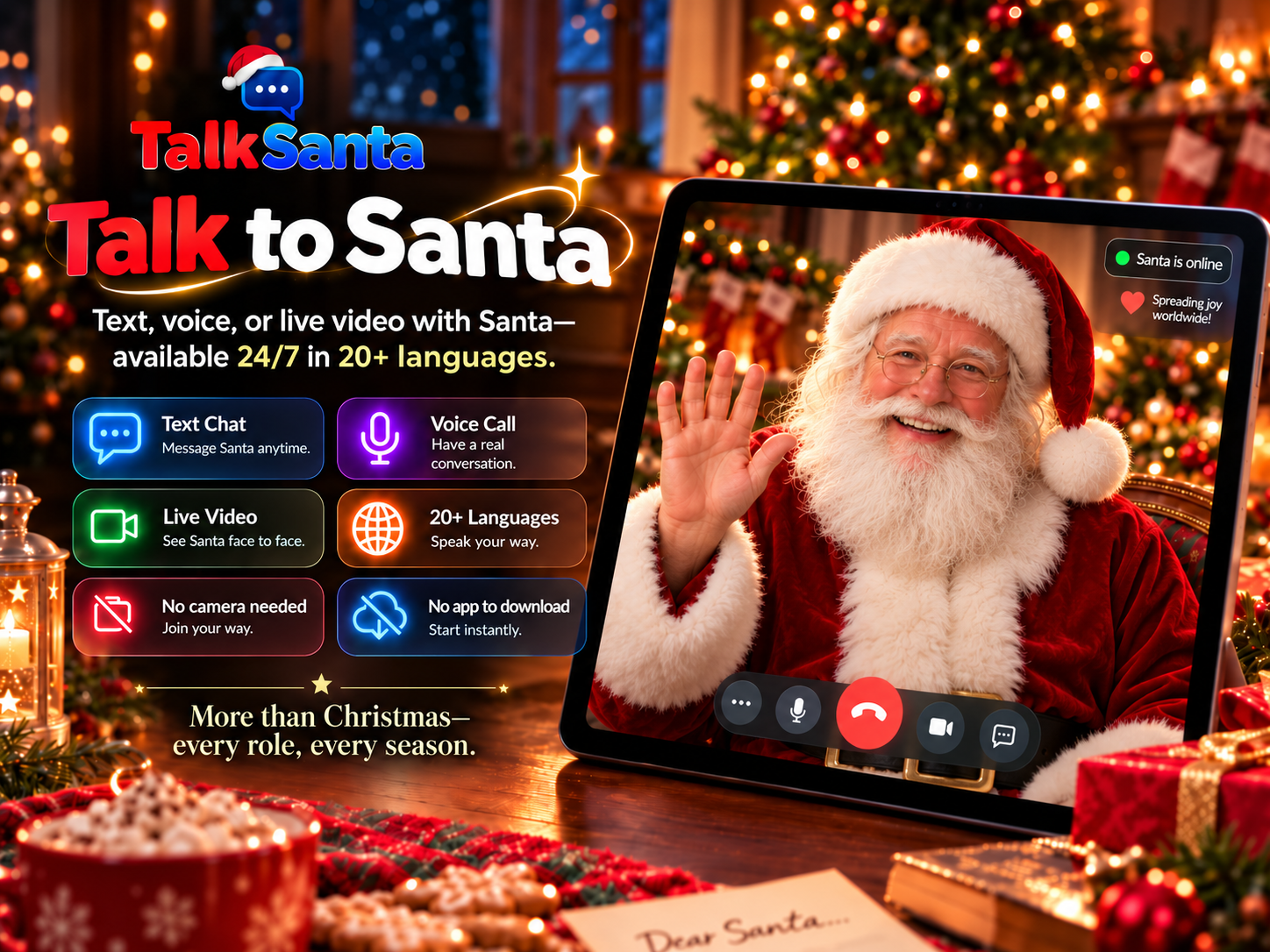 Friendly Santa waving from a screen for a virtual Santa visit