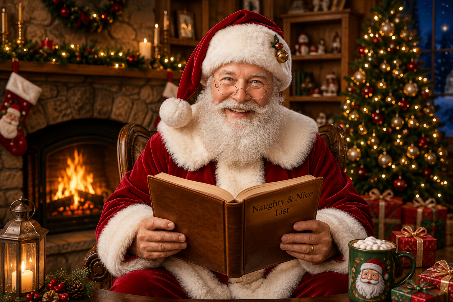 Santa smiling by the fireplace holding his Naughty and Nice book, with a Christmas tree and gifts behind him